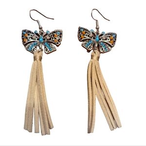 Silvertone Boho Leather Tassel Earrings